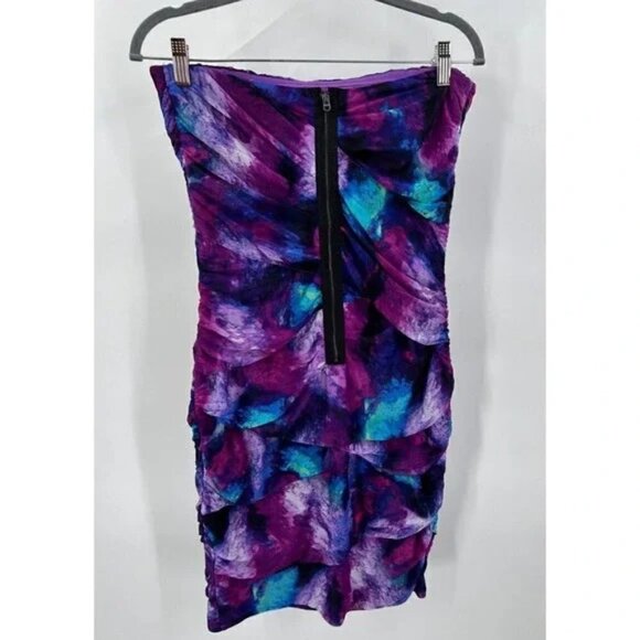 Guess Los Angeles Purple/Blue Abstract Ruched Strapless Cocktail Party Dress 8 - Picture 4 of 10